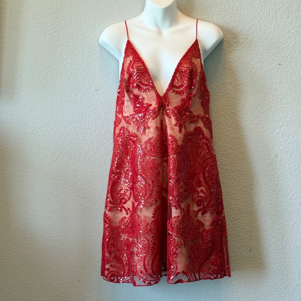 Free People Night Shimmer Mini Dress Embroidered Sequin Cocktail NWT Women 8 Red